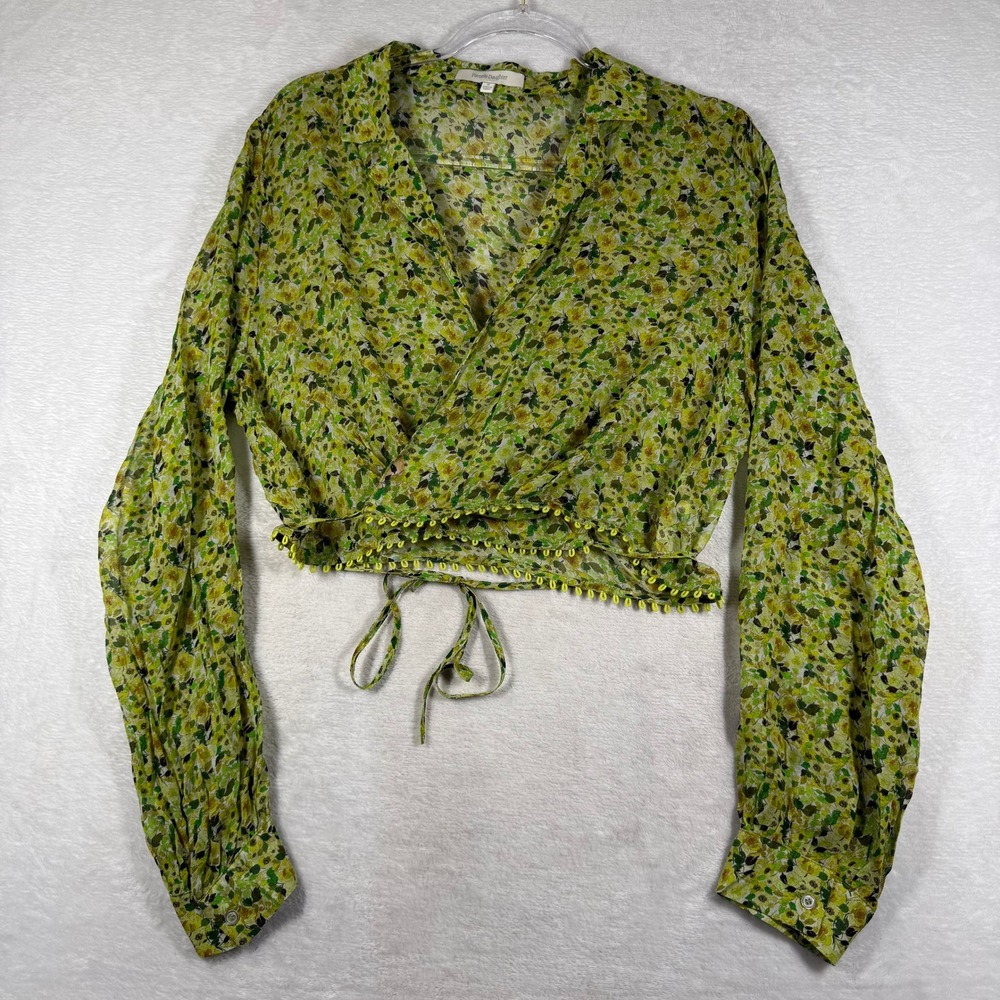 Favorite Daughter Green Floral Wrap Crop Top XL Pom Pom Trim 45FCRNWT1016-GMF
